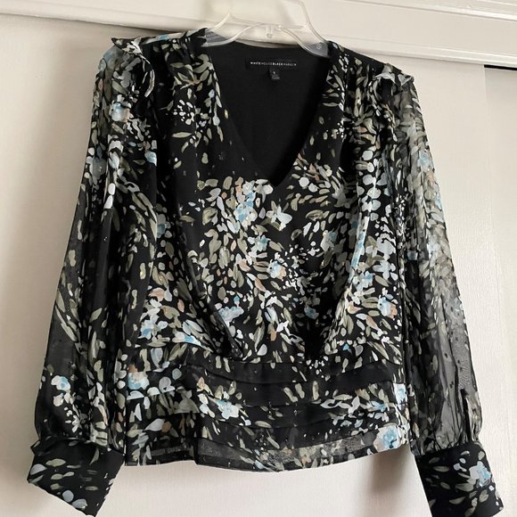 WHBM Floral Metallic Sheer Print Blouse Sz 2 Balloon Sleeve V Lined Black/Blue - Picture 16 of 16